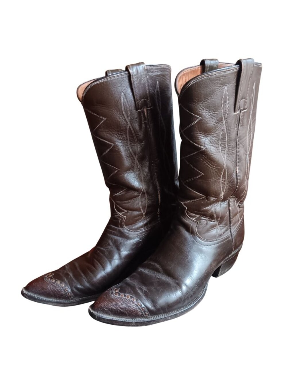 Vintage Men's Cowboy Boots 10B Justin 1970's Lizard Toe USA Peg Sole Stacked